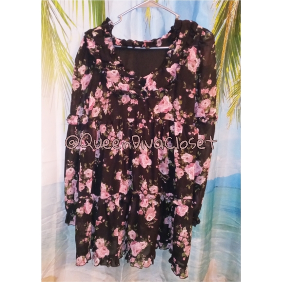 Fashionnova meadowlark floral ruffle long sleeve corset mini dress black pink M - Picture 7 of 9